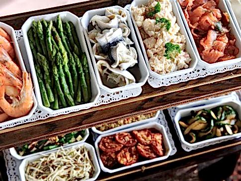 The hors d'oeuvres trolley at The Nare hotel, with trays of asparagus, prawns and rollmops.