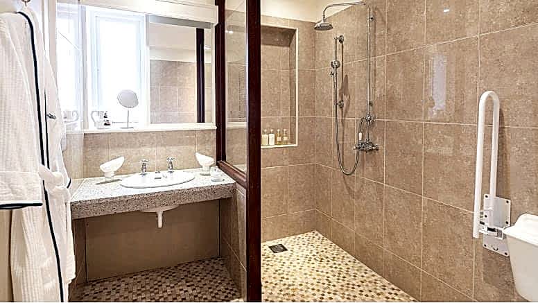 Wheelchair accessible bathroom and wet room at The Nare hotel in Cornwall.