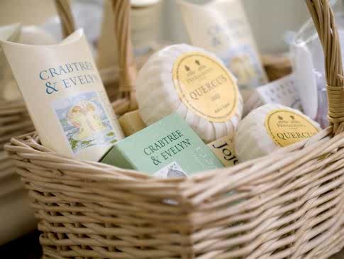 A basket of luxury soaps.