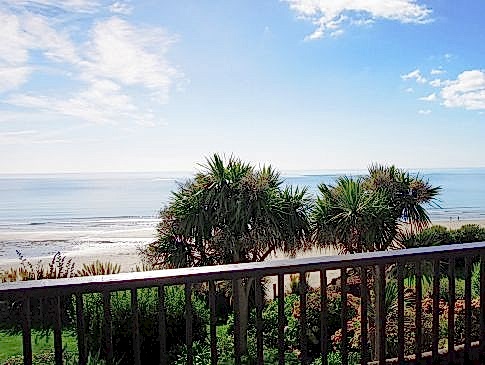 Sea views over the hotel garden from a balcony at The Nare.