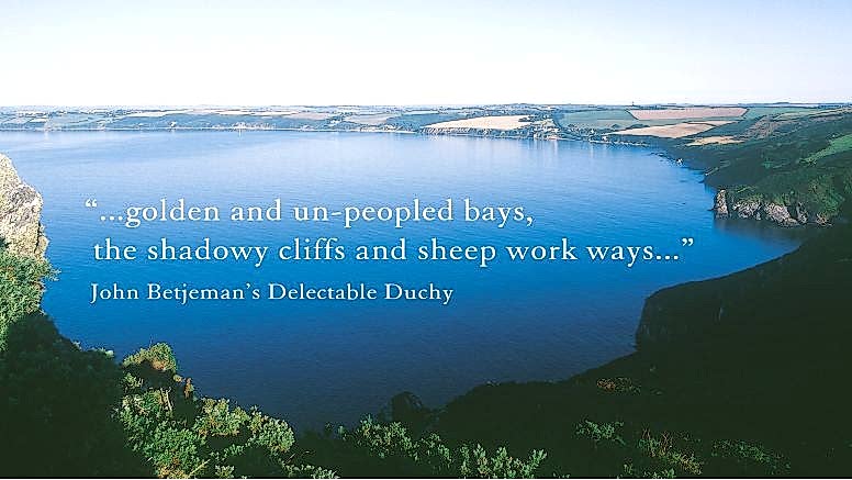 The view looking towards Nare Hotel from Nare Head with a quote from John Betjeman